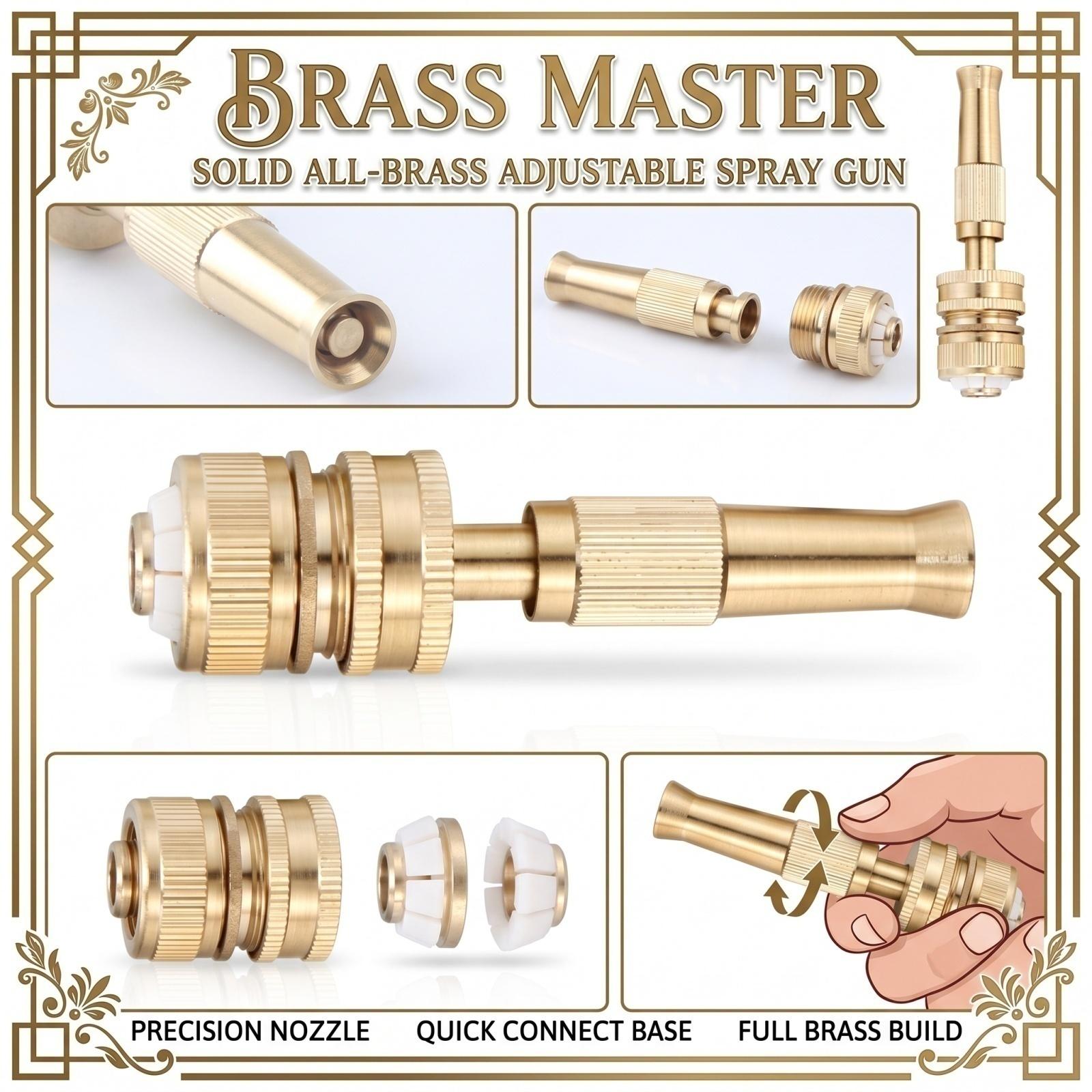 High Pressure Brass Garden Hose Nozzle Adjustable Spray Water Gun for Car Washing Watering Plants Cleaning Windows and Outdoor Surfaces One Size