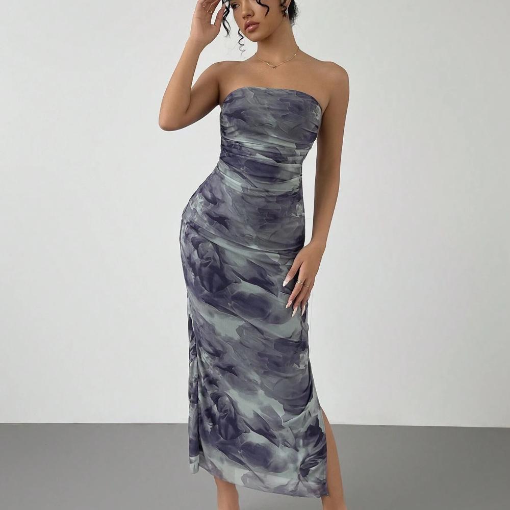 Sexy Strapless Floral Print Sheer Midi Dress Side Slit Bodycon Party Dress Summer Dress for Women Evening Party Outfit