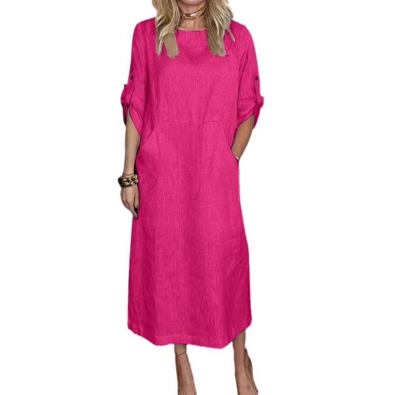 Casual Fashion O Neck Short Sleeve Women Dress Elegant Solid Color Loose Simple A-line Party Dresses Female Plus Size Pockets Spring Summer Clothing