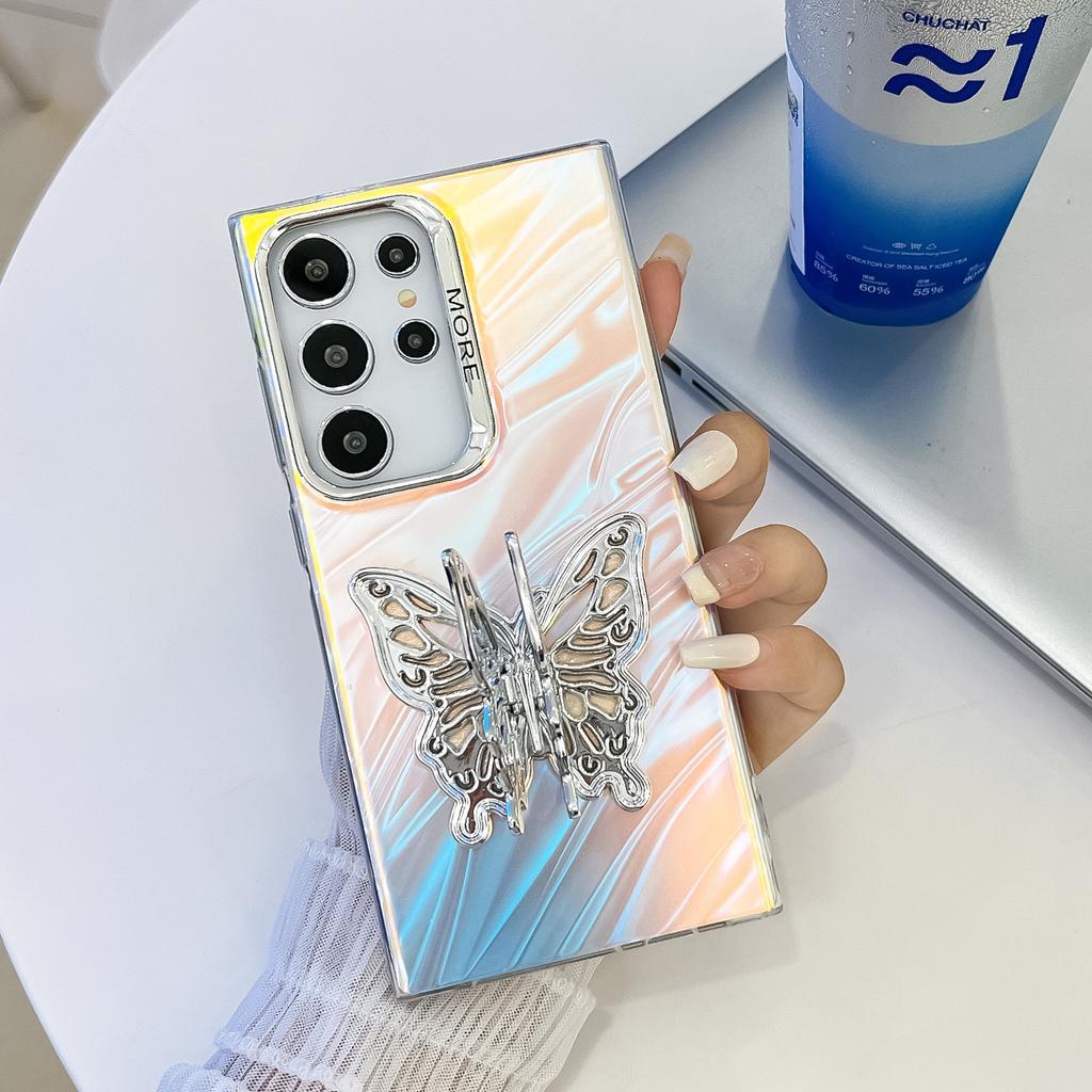 Samsung S25ultra Mobile Phone Case Electroplated Laser S24 All Inclusive Butterfly Stand A56 Protective Case for Women
