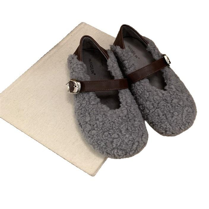 Flat-bottomed wool shoes for women's outer wear 2025 new autumn and winter gentle evening Mary Jane shoes pedal lamb wool cotton shoes