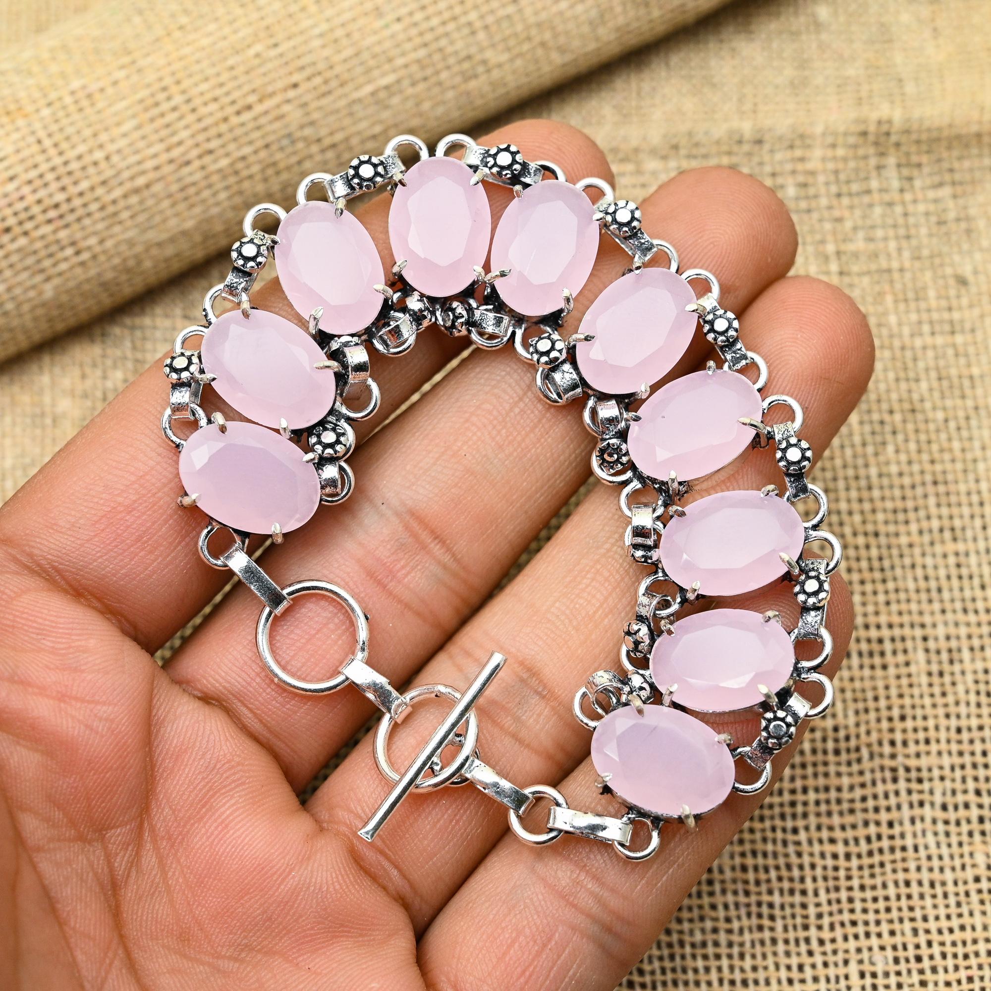 

Розовый халцедон драгоценный камень стерлингового серебра 925 пробы ручной работы прекрасный ювелирный браслет для женщин