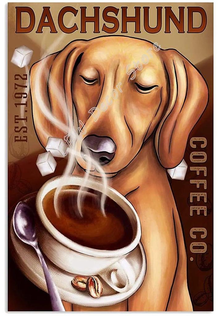 Dackel Blech Metallschild Kaffee Poster Geschenk Wandkunst für Café Küche Kaffeeecke Kaffeekanne für Männer Frauen Weihnachtsgeschenk 8x12 Zoll