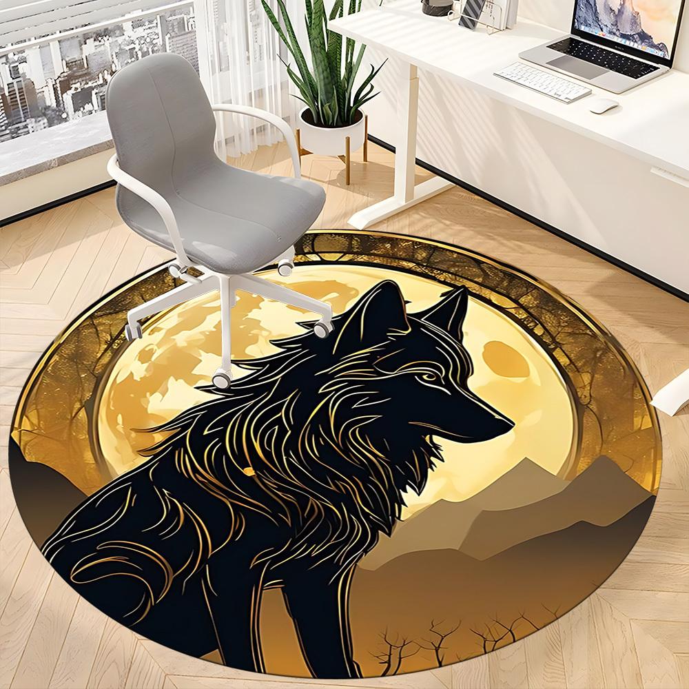 1pc Moon Wolf Office Round Area Rug, Under Office Chairs Bedroom Living Room Home Decor, Room Deco