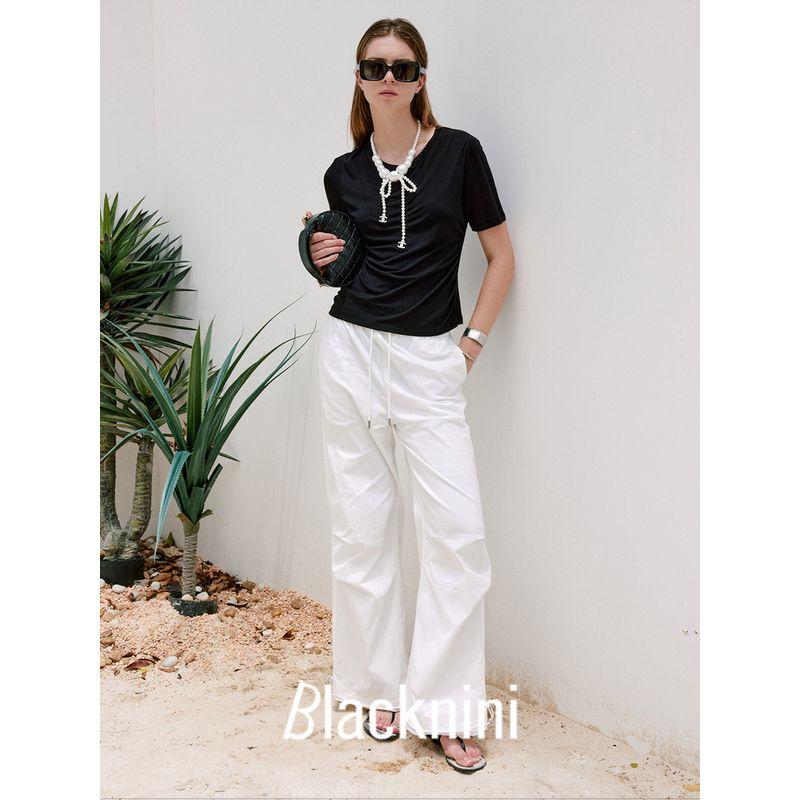 Blacknini (Three Colors) "Smooth T" High Density Mulberry Silk Smooth Elastic Waist-Tightening Short Sleeve T-shirt Top