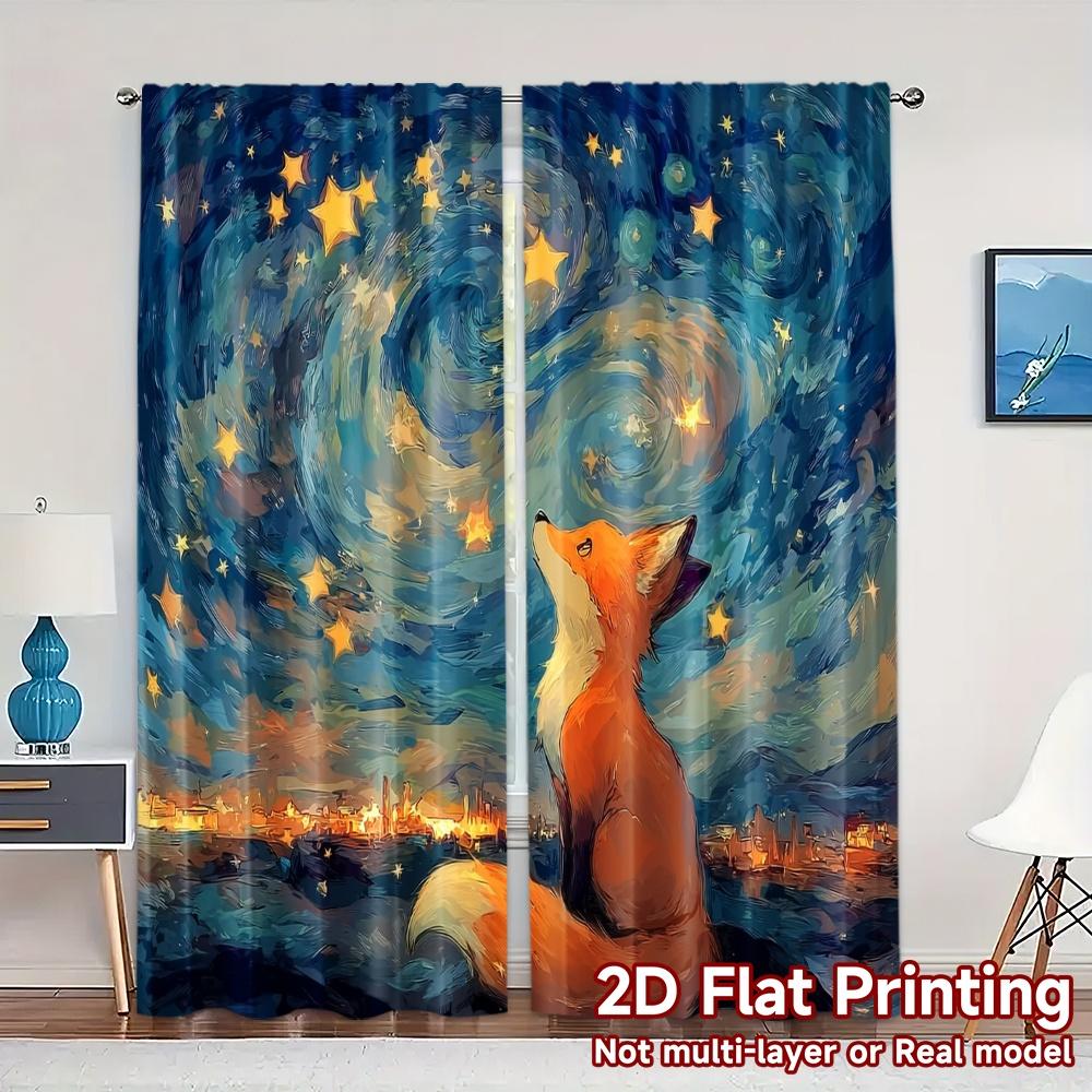 

Modern Flat Printing Curtains Without Rod Starry Fox Versatile Fabric Room Decor Semi Sheer Set Of 2 Made Polyester W100*H70(CM)-Grommet top&2PCS