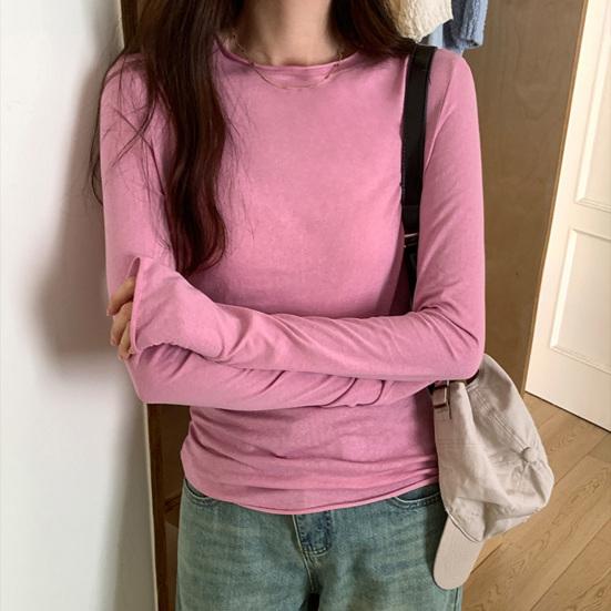 Women T-shirt Round Neck Long Sleeve Slim Fit Solid Color Tops Soft Stretchy Tee Shirt Work Party Casual Wear