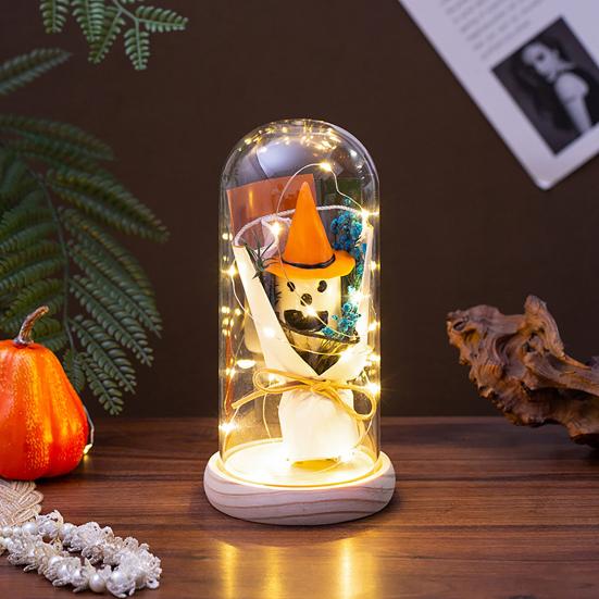 LED Clear Dome Pumpkin Night Light Halloween Pumpkin Figurine in Cloche with LED Light for Home Kitchen Mantel Tabletop Decor