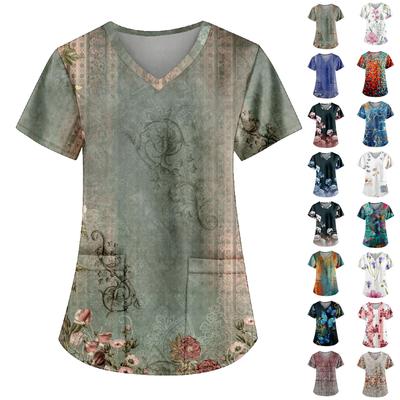 Women's Fashion Printed Work Uniform With Pocket T-Shirt Short Sleeve Top