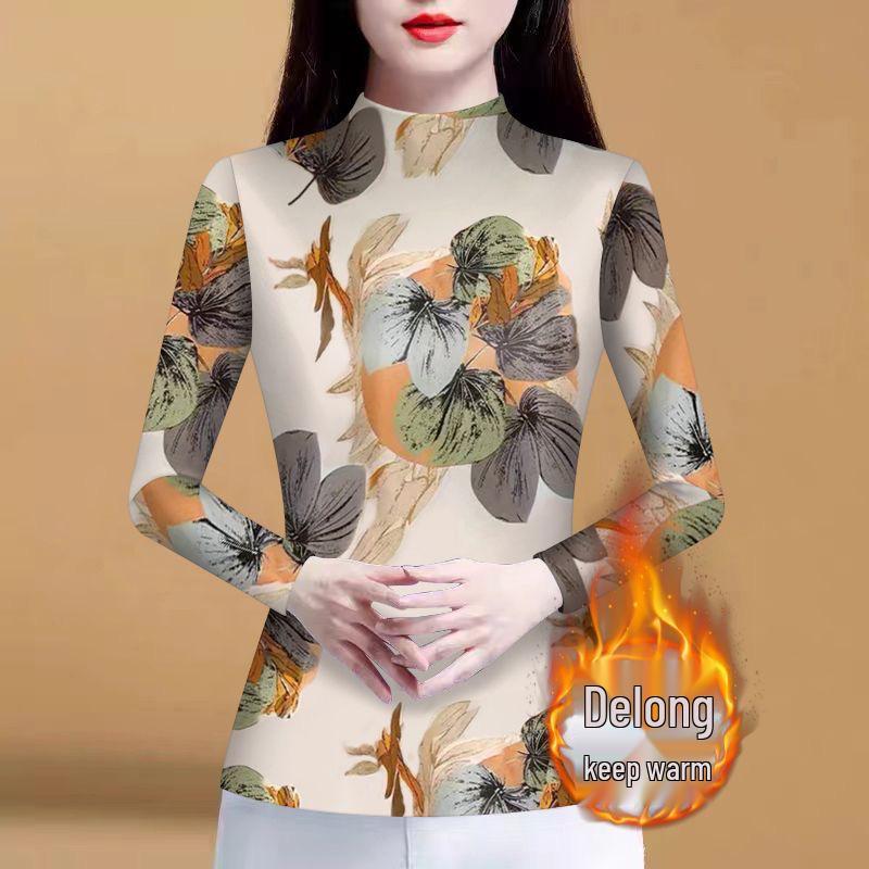 Mom's Autumn/Spring Long Sleeve Semi-High Neck Fleece Lined Shirt - High-End Print Tummy Covering T-Shirt Top