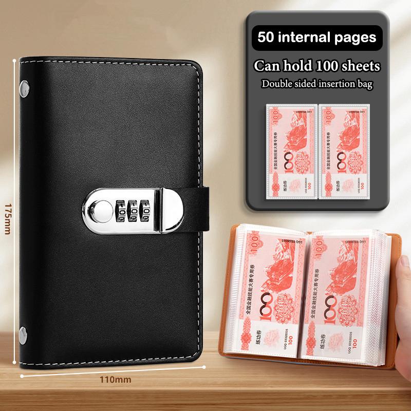 Banknoten-Aufbewahrungsbuch aus PU-Material, Platz für 100 Banknoten, Mit Fotos von Banknoten, Briefmarken, Bankkarten-Aufbewahrungsbuch