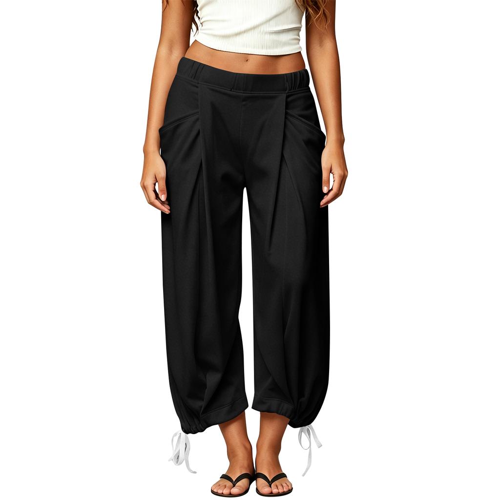 High Waist Loose Fit Casual Pants for Women with Pockets Drawstring Hem Elastic Waistband Lightweight Trousers for Daily Wear Sports and Travel