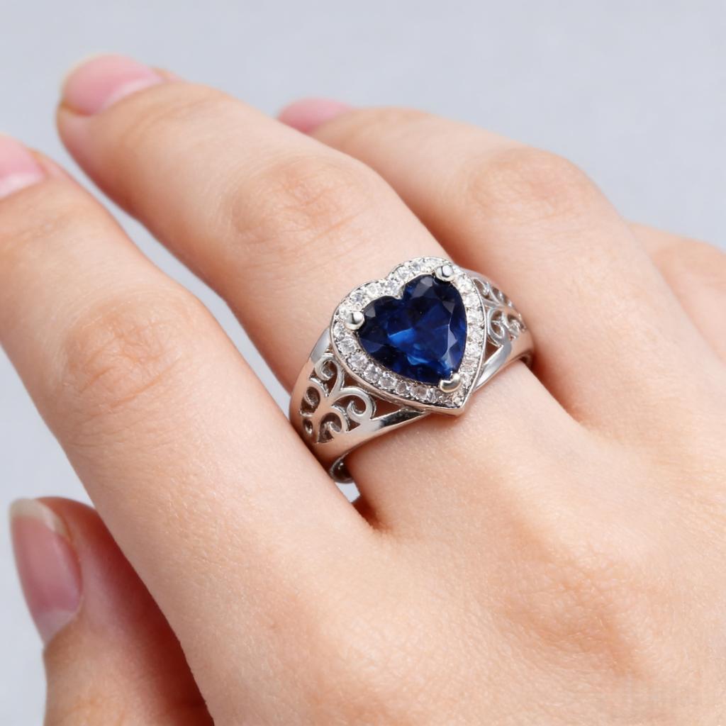 Anniversary Heart Ring,Blue Sapphire Center with Diamond-Cut Zircon Halo in Polished Silver,Bridal Jewelry Gift for Her