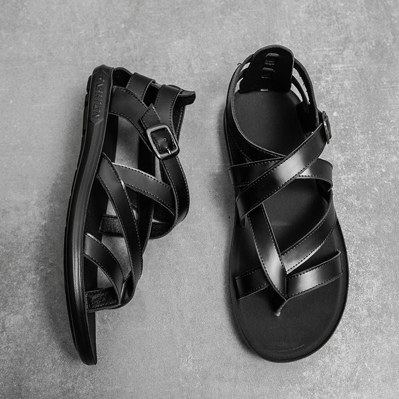 Fashion Summer New Cow Leather Men Sandals Designer Black Flat Casual Shoes Outdoor High Quality Beah Sandals Brand Holiday Men Slippers