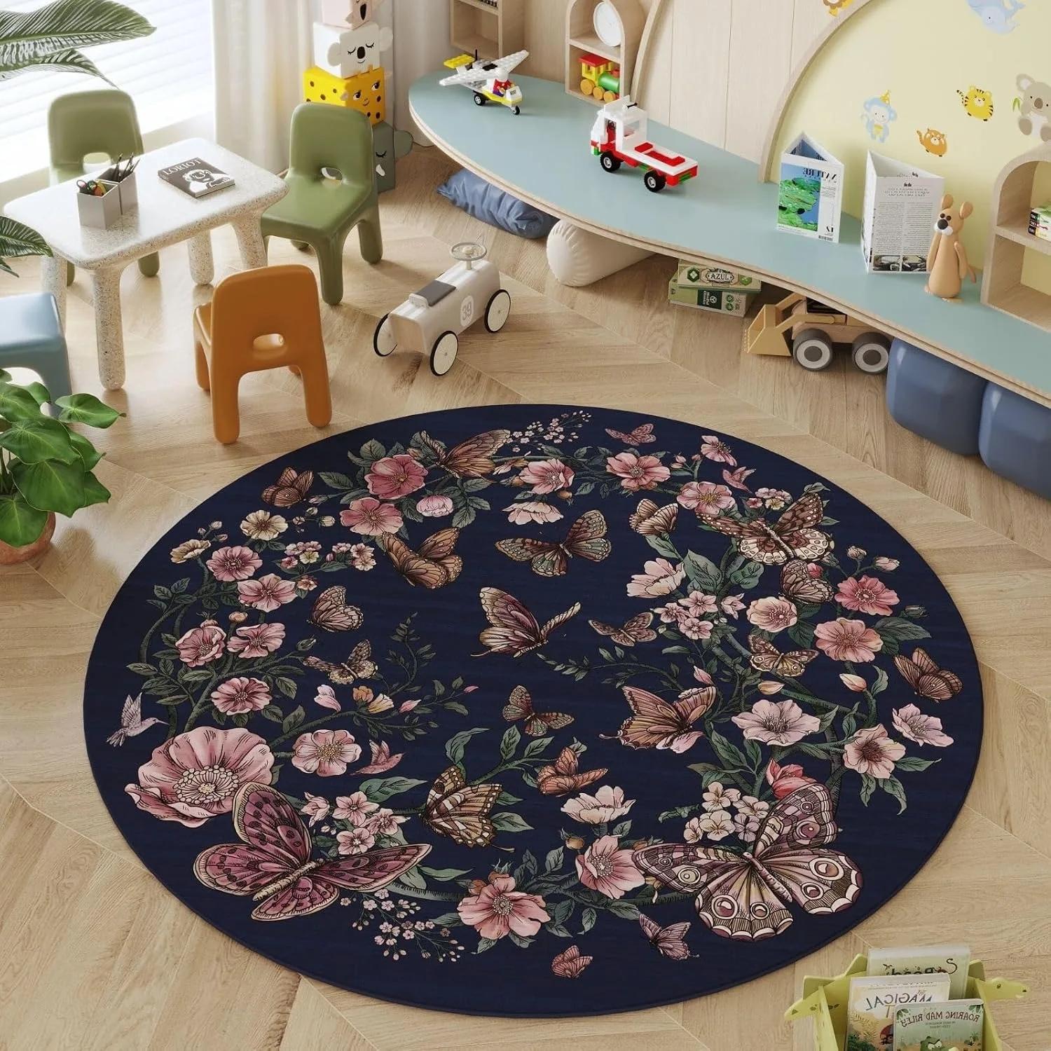 Foldable Round Living Room Carpet Machine Washable Soft Boho Floral Butterfly Rug Wool Bedroom Rug 80x80cm