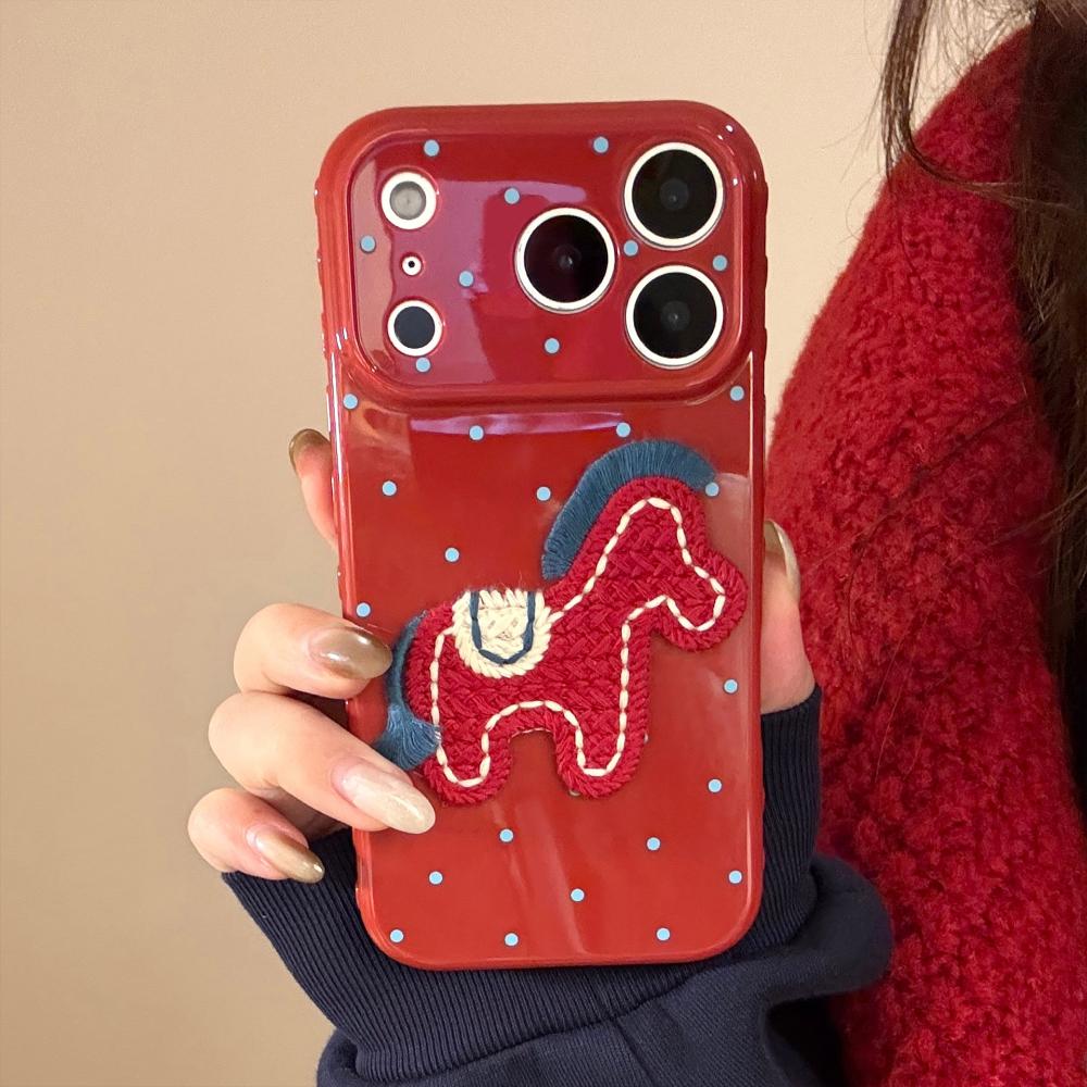 Burgundy Polka Dot Embroidered Pony Case for Apple IPhone 17 Pro Max and IPhone 16, New Year's Happy Design