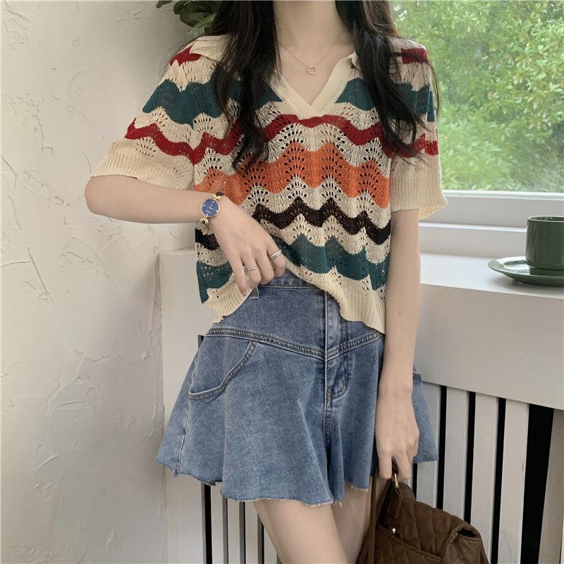 Korean Polo Collar Wave Stripe Knitted Shirt for Women Summer Loose Hollow Hoodie Short Sleeve Bottom Top