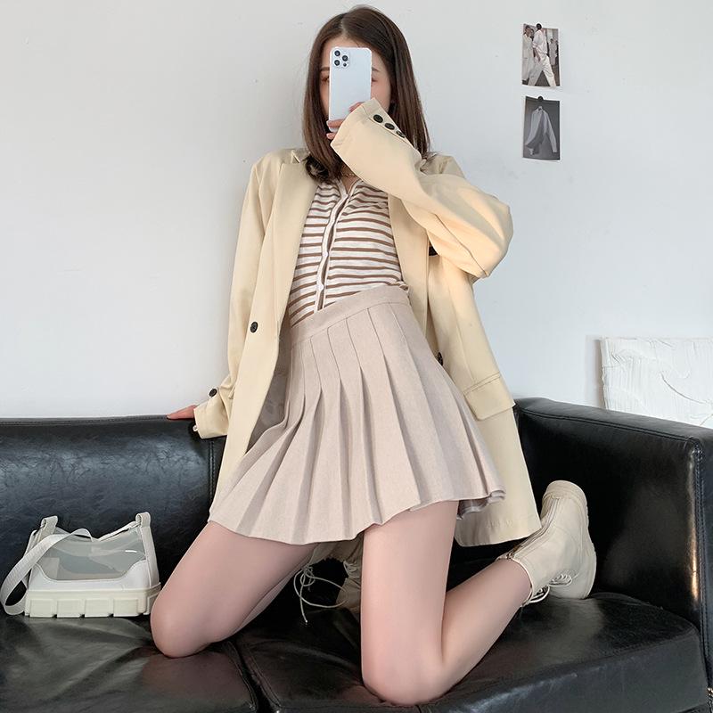 High-Waist Wool Pleated A-Line Skirt with Pockets - Slim Fit, Large Sizes for Autumn & Winter