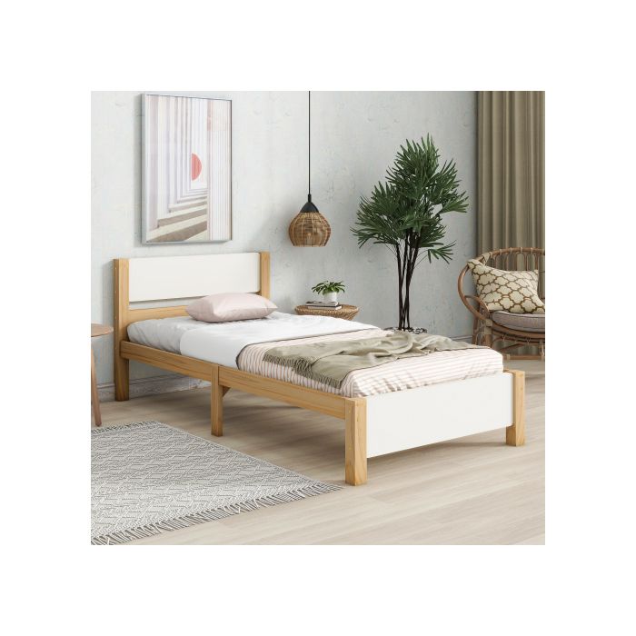 Lit simple - MUVOE - 90x200 cm - Cadre en pin - Tête et pied en MDF - 15 sommiers à lattes