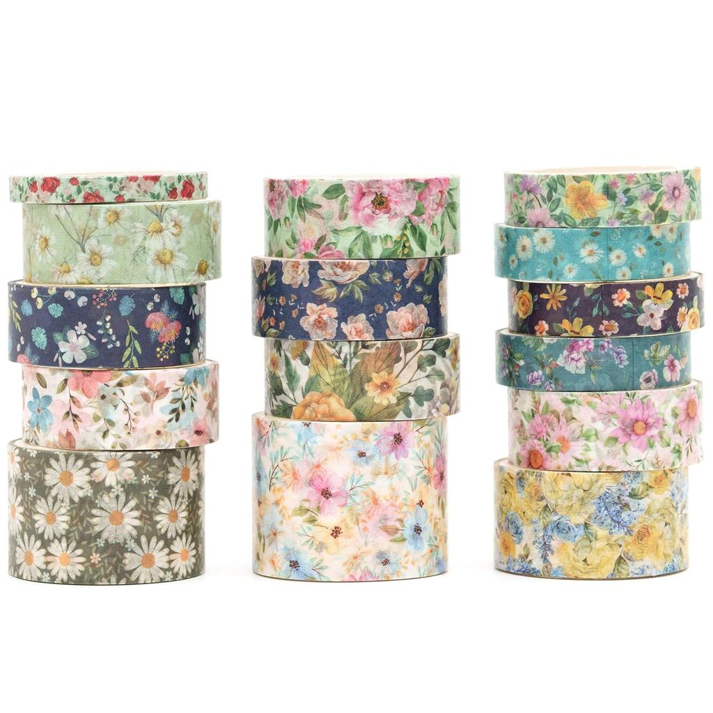 Set di Washi Tape Floreali - 15 Rotoli Fiori Arti Nastri Adesivi Fiori del Giardino Adesivi Decorativi Set di Masking Tape per Artigianato