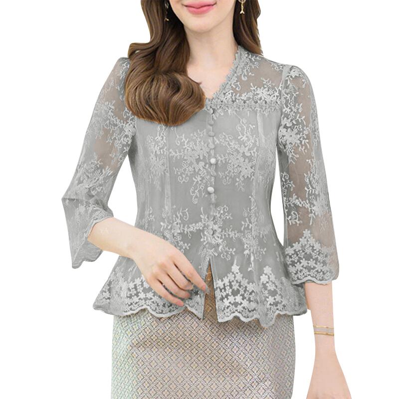 

ZANZEA Женская повседневная блузка с V-образным вырезом, рукавом 3/4, ажурной вставкой и кружевом 4XL