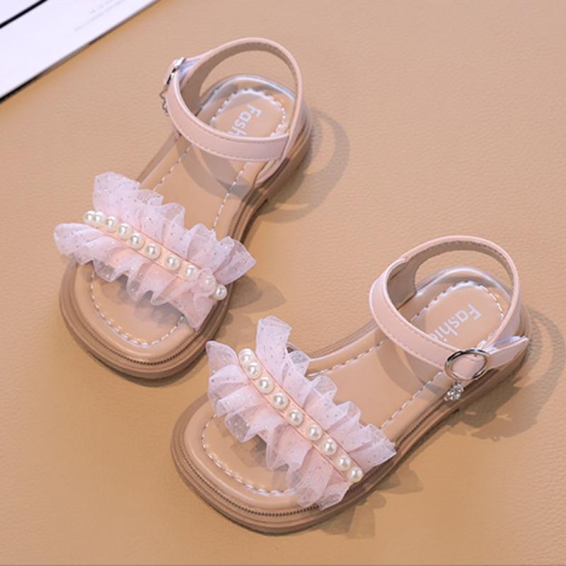 Little Girl Sandal Lace Pleated Children's Summer Sandals Elegant Pearl Causal Kids Princess Open-toe Dress Flat Sandals Soft