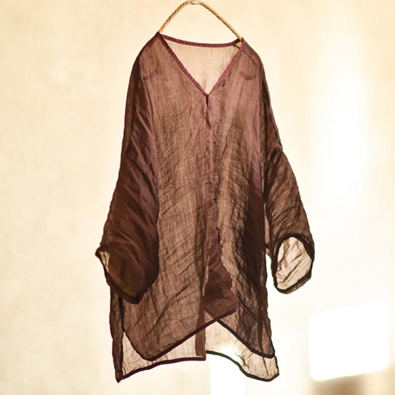 Johnature Women Vintage Ramie T-Shirts Solid Color V-Neck Long Sleeve Tees Summer High Quality Women T-Shirts