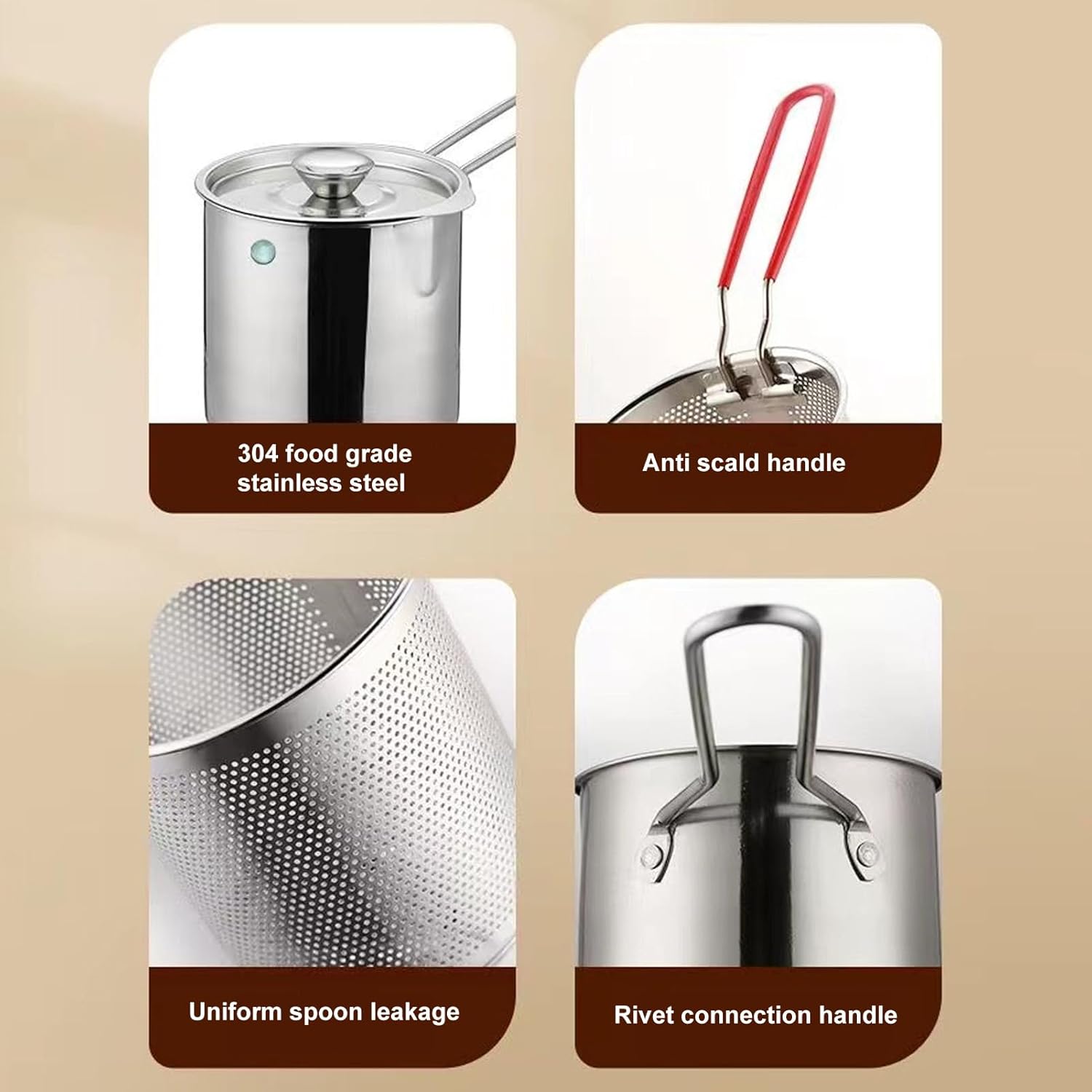 Small Deep Fryer Pot with Basket, Mini Deep Oil Fryer, 304 Stainless Steel Gadgets with Anti Scalding Silicone Handle, Fryer Pot for Home Tempura