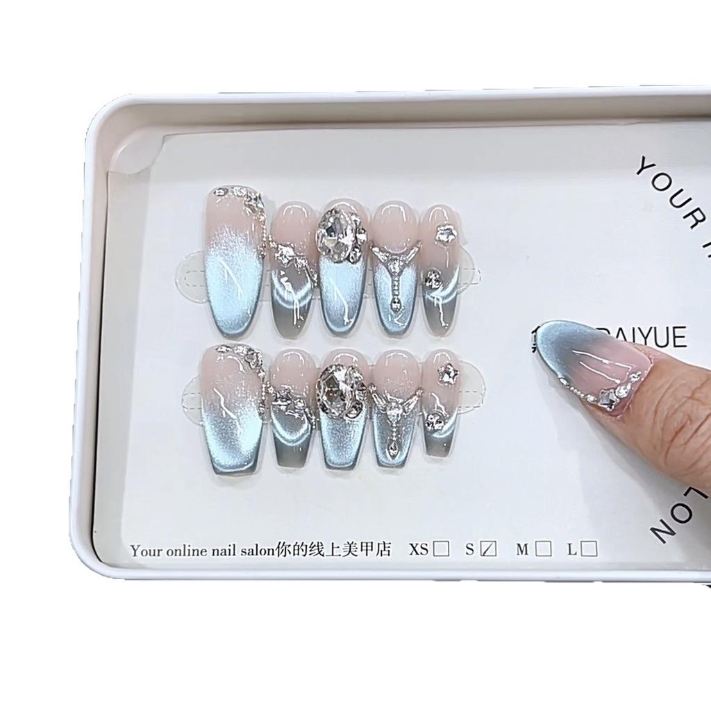 Hand-woven Armor Spring and Summer New Blue Sea Light Zircon Blue Cat Eye High-end Nail Art Patch