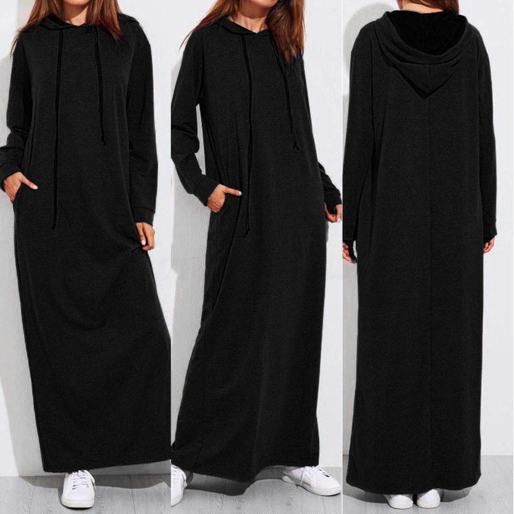 Women Maxi Dress Long Sleeve Hooded Ladies Casual Hoodies Long Dresses