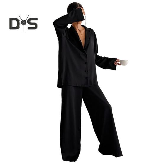 2 Pcs/Set Women Shirt Pants Set Homewear Suit Loose Lapel Long Sleeve Loose Solid Color Single-breasted Wide Leg Straight Soft Lady Spring Fall