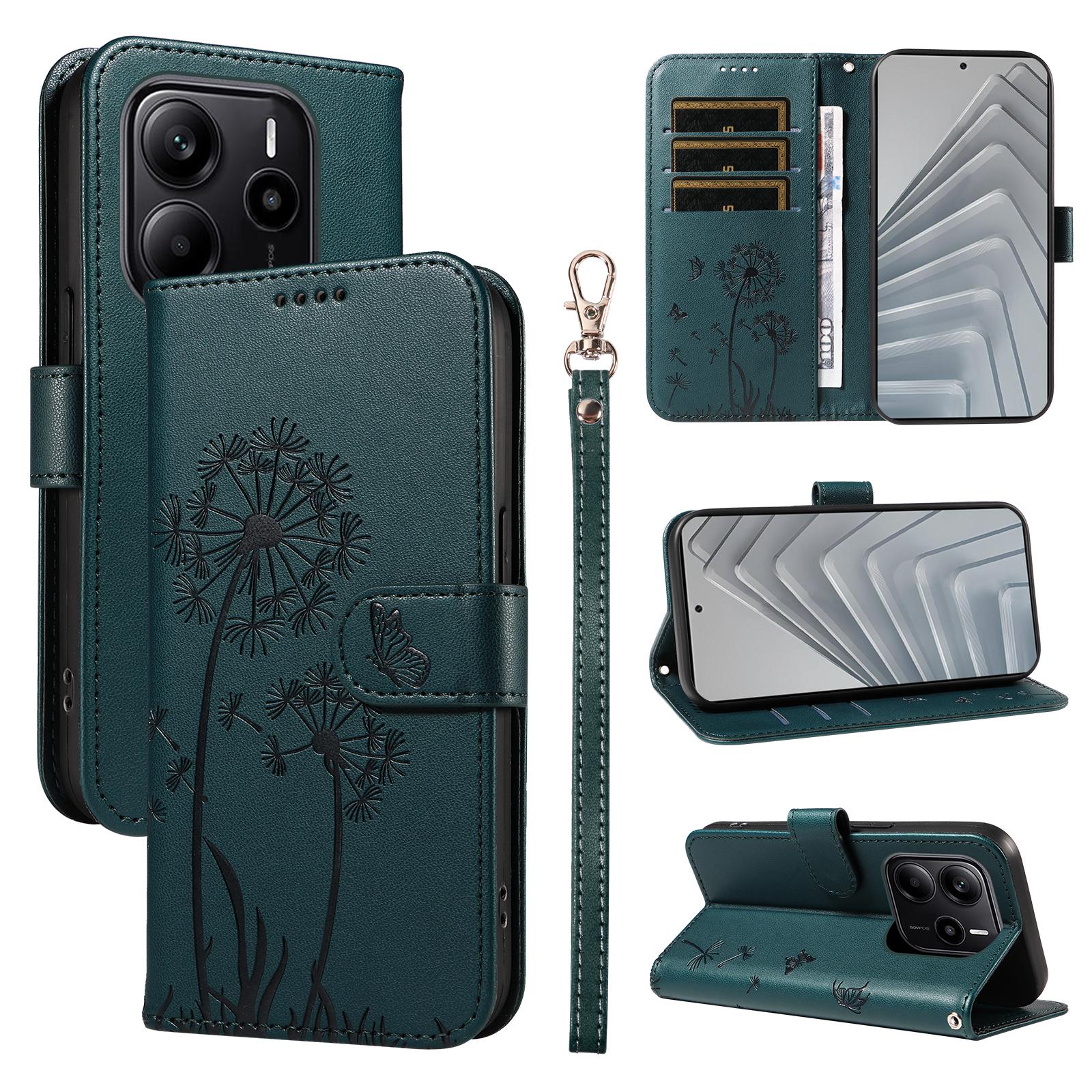 

Для Xiaomi Redmi Note 14 4G (163,25x76,55x8,16 мм) Кожаный чехол-кошелек с ремешком, тиснение «Одуванчик», подставка для телефона Blue