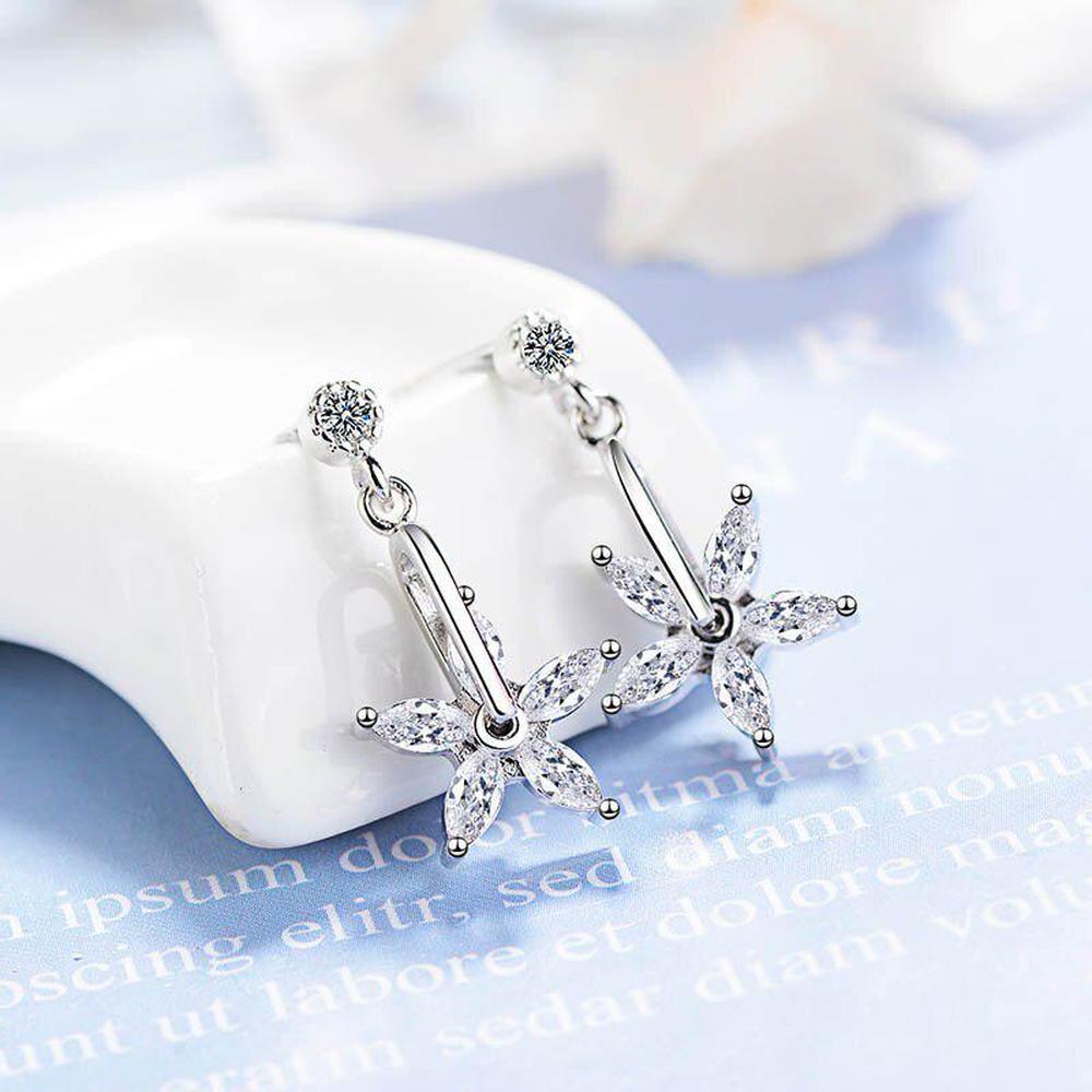 Lindon Trendy silverring  Earrings with Five petal flower Shape Zircon Gemstone Drop Earrings for Women Wedding Jewelry Gift