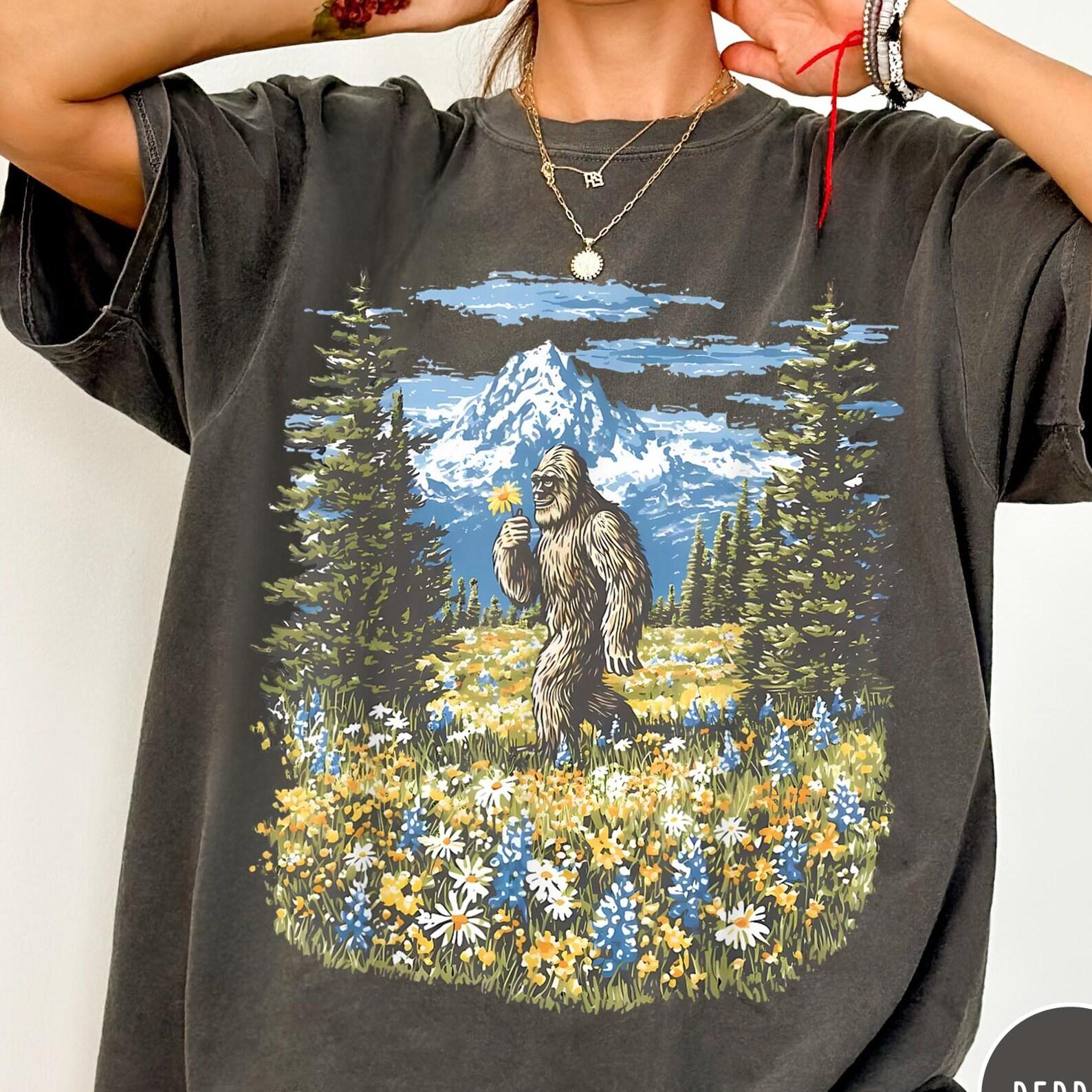 Vintage Bigfoot Wildflower Shirt, Sasquatch Floral T-Shirt, Boho Bigfoot Tee, Cryptid Nature Comfort Colors® Shirt, Sasquatch Lover Gift Tee L