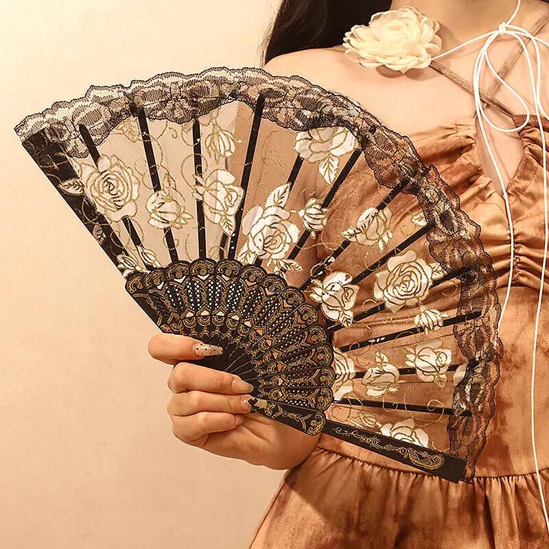 Chinese Style Folding Fan Lace Dance Fan Photo Props Embroidered Decorative Hand Fan Ornament Wedding Party Favor Gift  Hand Fan