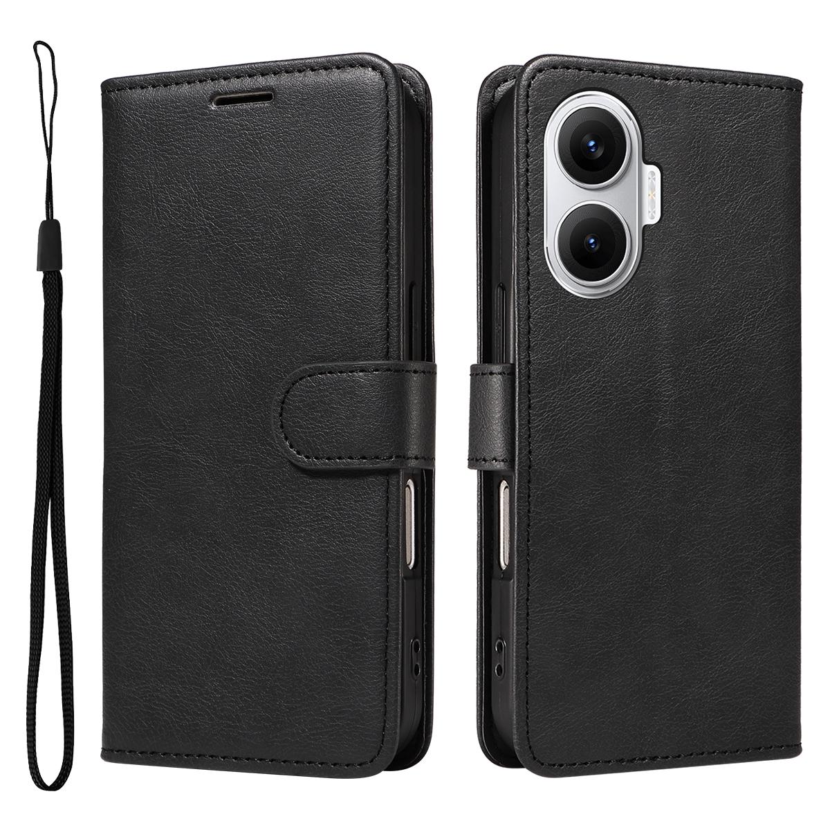 

For Xiaomi Poco F7 5G/Xiaomi Redmi Turbo 4 Pro 5G Leather Wallet Case with Strap Solid Color Phone Stand Cover Black