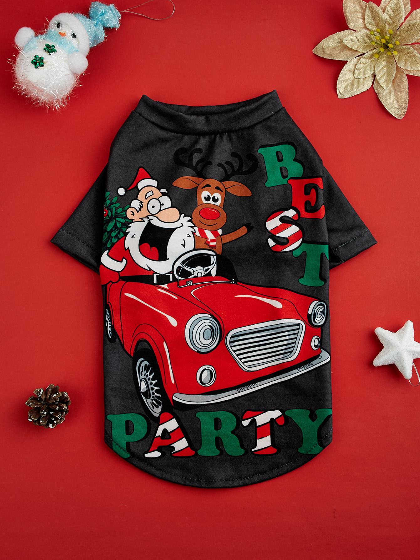 

Dog Clothes for Small Dogs T-Shirt Funny Santa Claus Drive and Elk Costume Puppy Pajama with BEAT PARTY Letters Pattern Doggie XS（old） серый