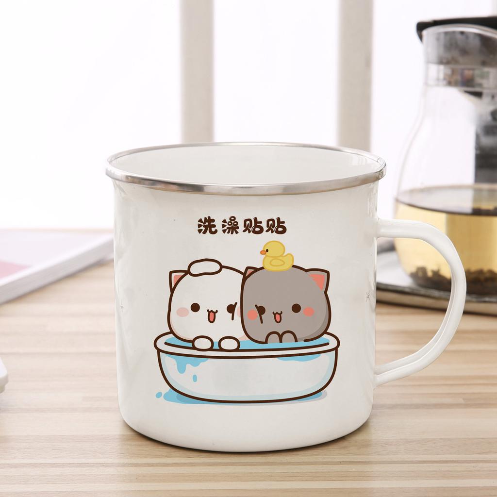 New Peach and Goma Cat Enamel Coffee Tea Cup Cute Animal Breakfast Dessert Milk Water Cup Couple Gift Original Breakfast Cups
