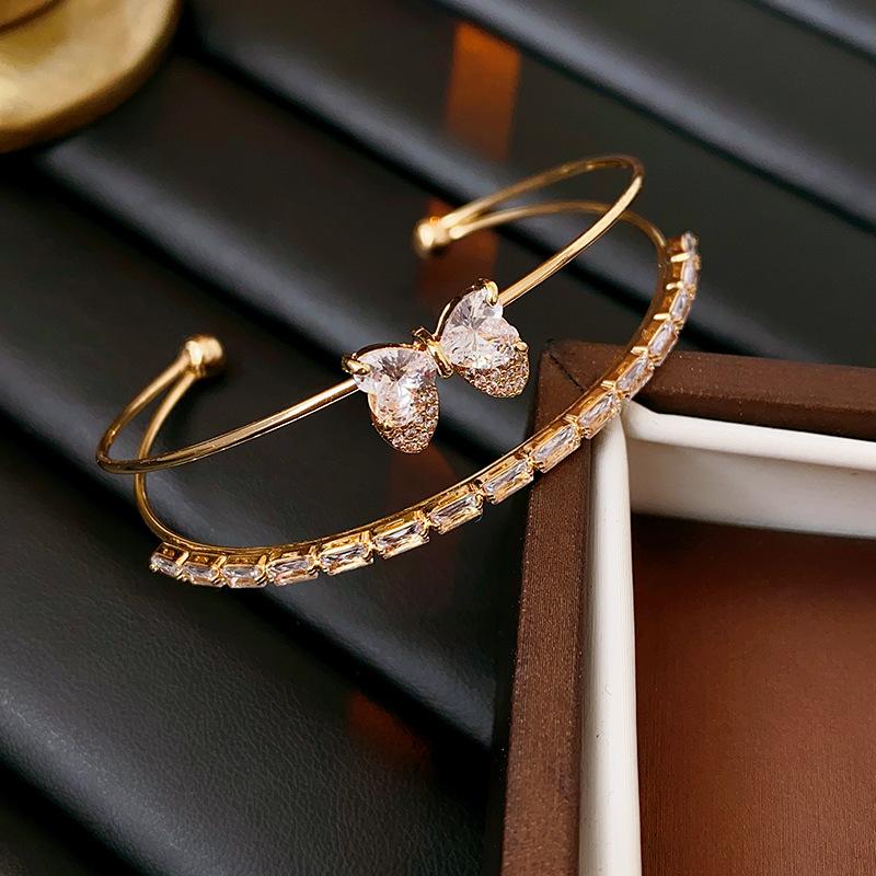 New Shiny Zircon Bow Bangle Women Heart Shape Double Layer Open Adjustable Bracelet Exquisite Banquet Daily Wear Jewelry Gifts