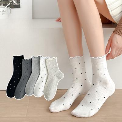 Black Fungus Polka Dot Mid-calf Socks for Women, Cotton Socks for Autumn and Winter, Boneless Pile Socks for Trendy Ladies