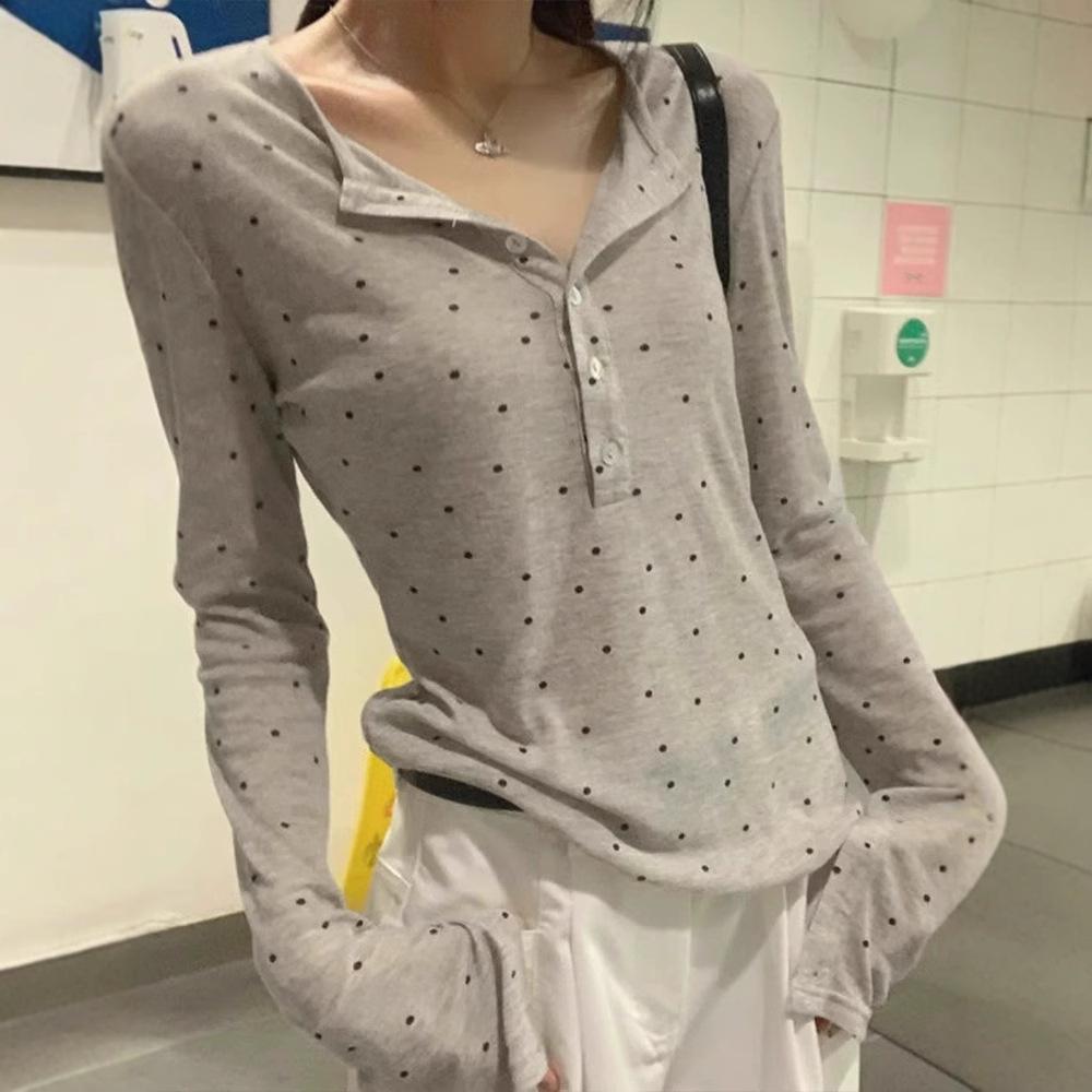 Korean version of thin polka dot long-sleeved slim-fitting T-shirt women's summer new lazy and thin design versatile sunscreen top