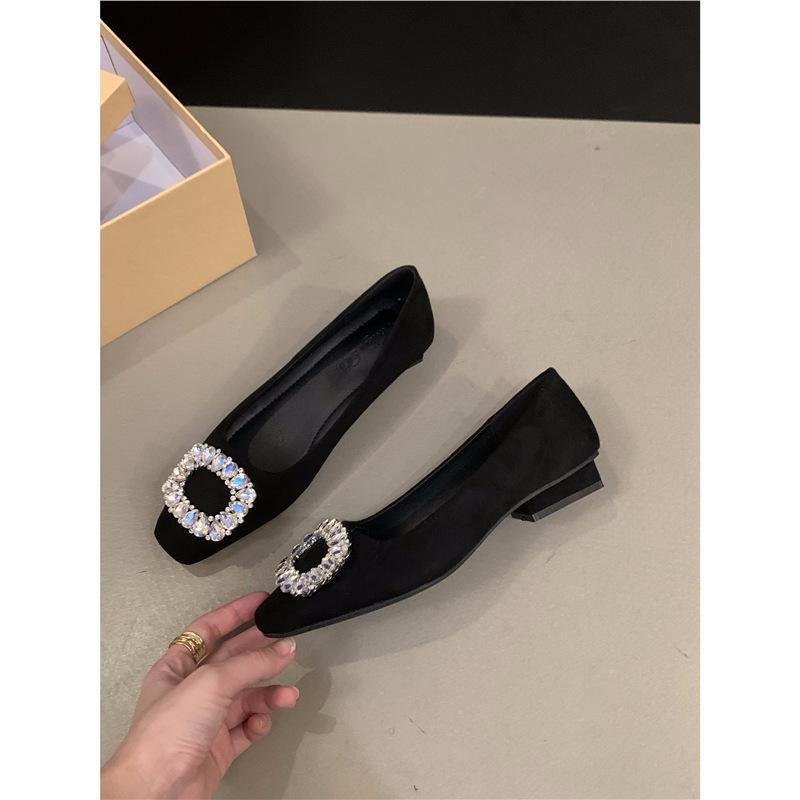 High-heeled Square-headed Rhinestone Single Shoes Women's Shoes 2025 New Autumn and Winter Black Temperament Thick-heeled Commuter Shoes