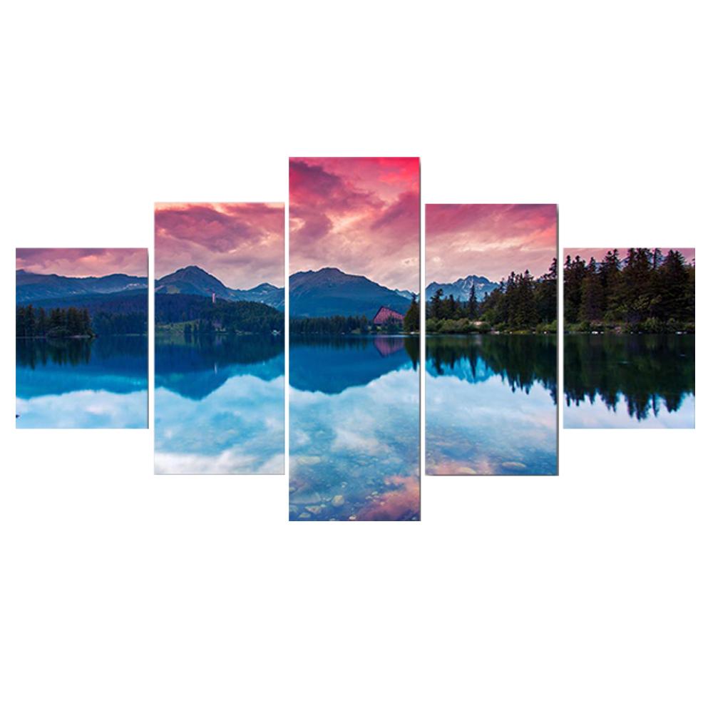 Wall Art Canvas Painting Mountain Forest Clouds Lake Modular HD Printed 5 Panel Posters Print Picture for Living Room Home Decor