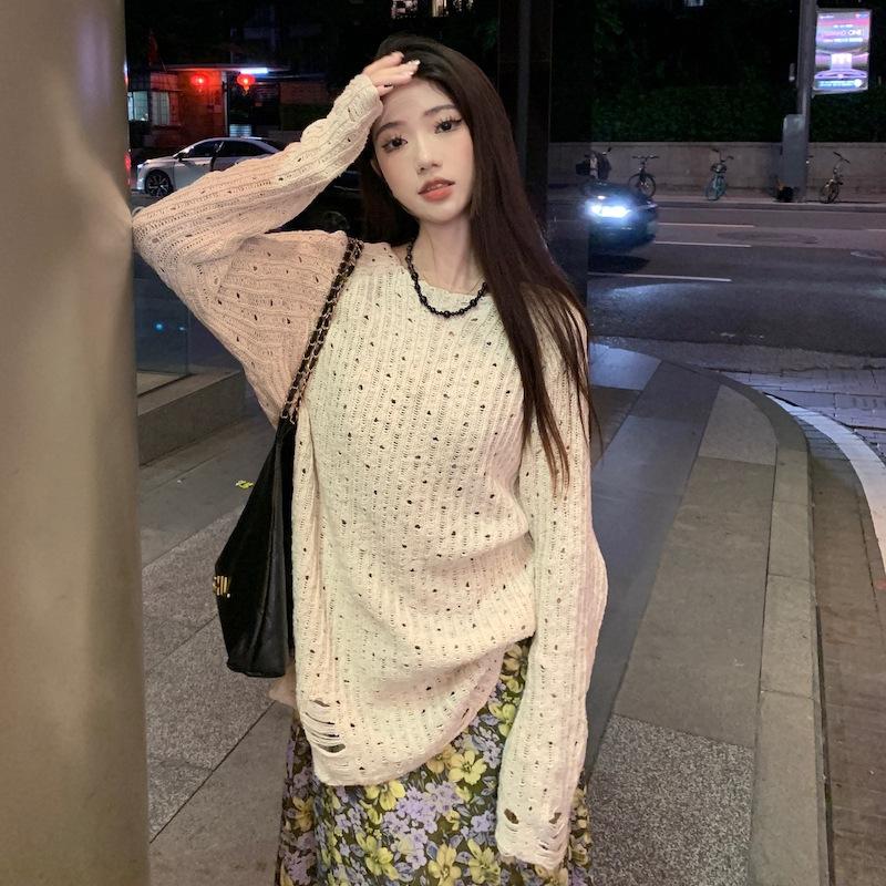 

Женский дизайнерский свитер из состаренного кружева средней длины в ленивом стиле, вязаный пуловер свободного кроя, накидка One Size