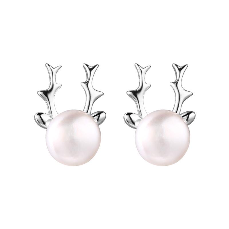 

925 Sterling Silver Antler Pearl Stud Earrings - Freshwater Pearl Christmas Gift for Women 925 Silver