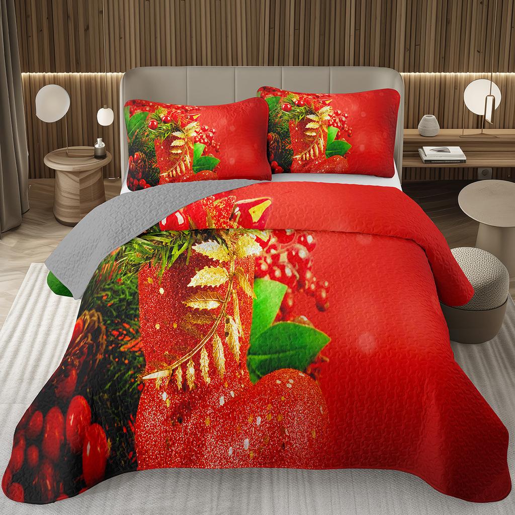 Christmas Bedspread Queen/Full Xmas Tree Quilted Coverlet for Boys Girls,Cartoon Festival Theme Quilt Set Happy New Year Bedding