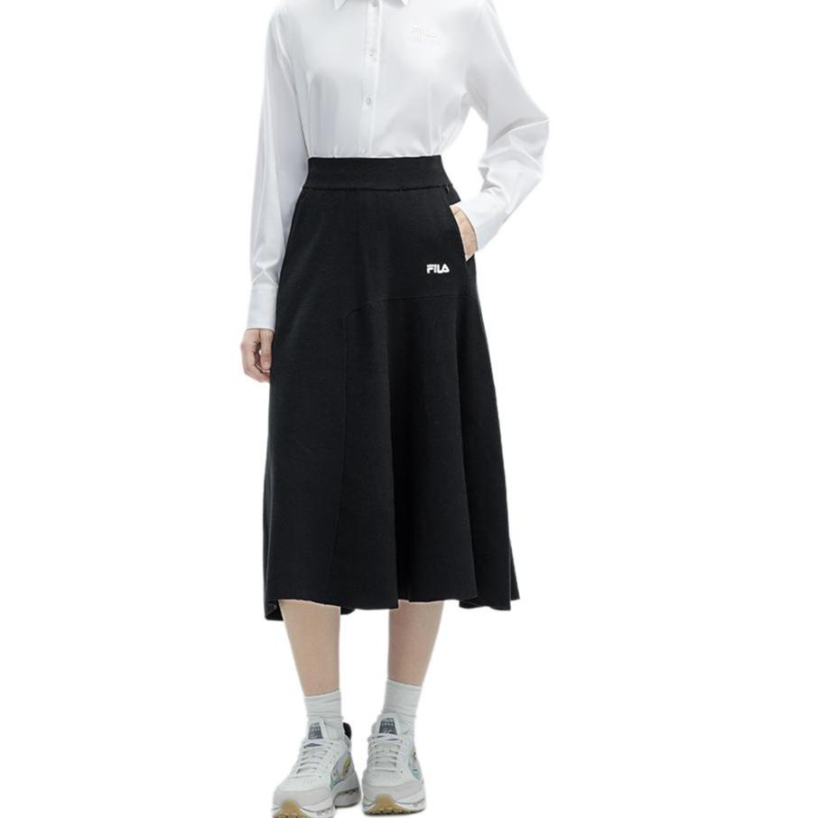 Fila Solid Color Mid-Length Knitted Casual Dress Women Dresses Black F11W418307F-BK