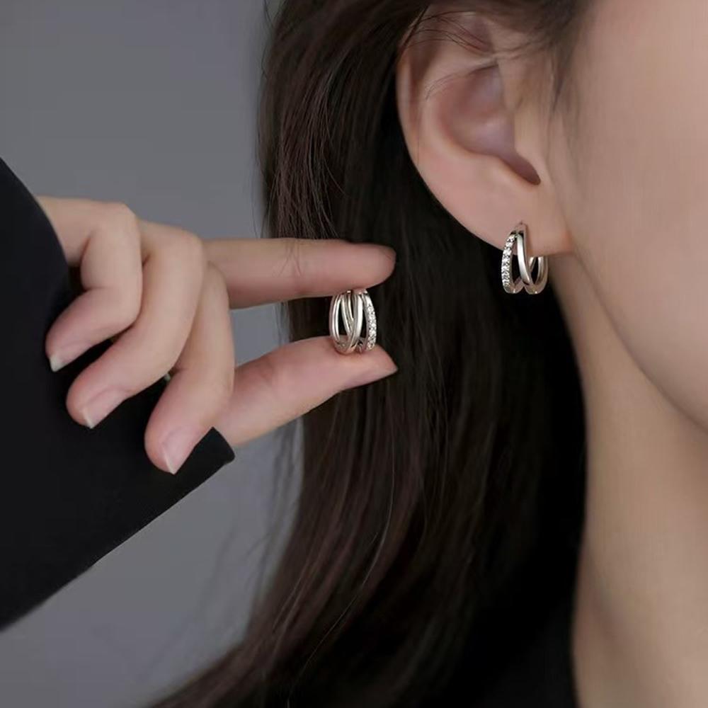 Real 925 Silver Double-layer Zircon Round Hoop Earrings For Women Trendy Fine Jewelry Niche Advanced Accessories