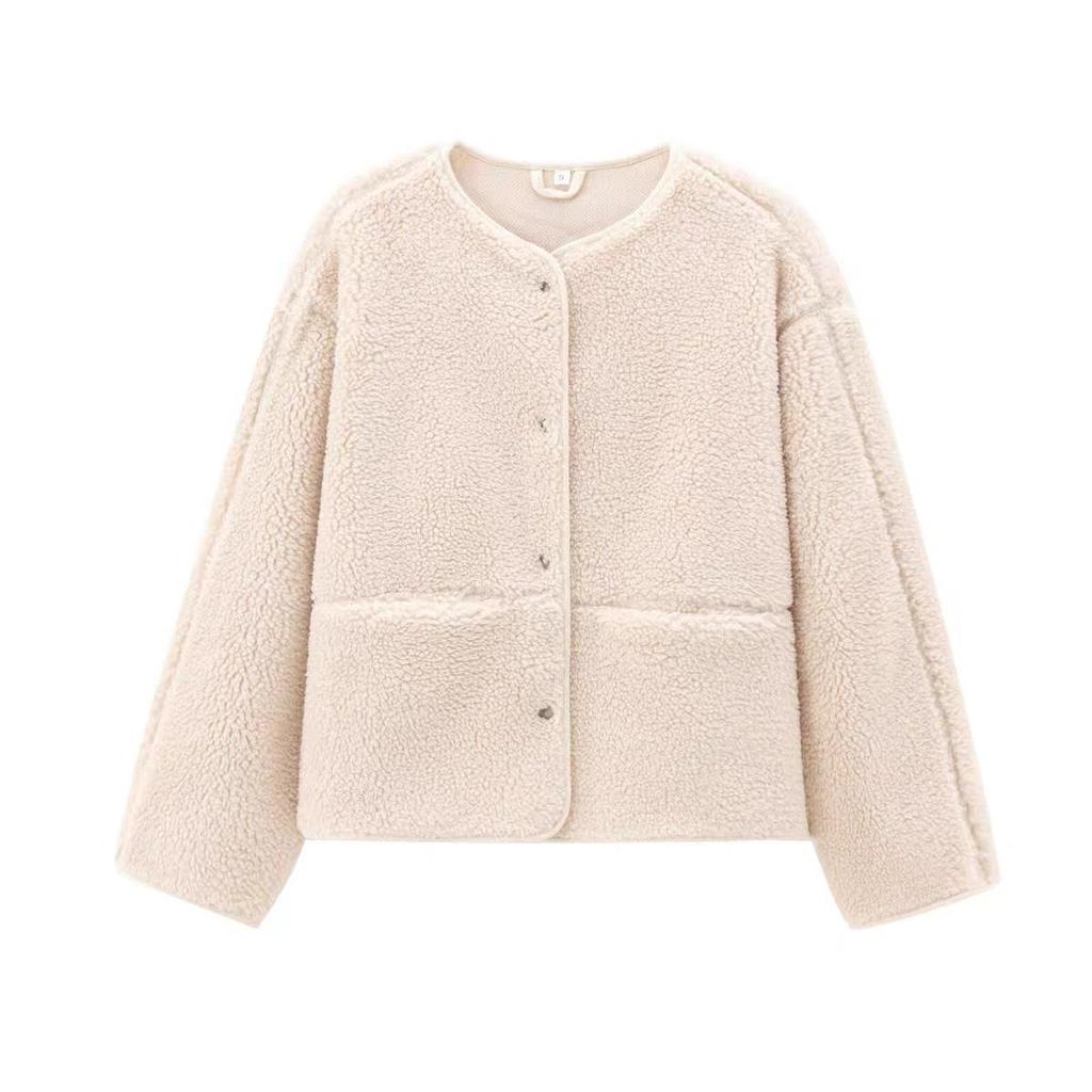 Women's Autumn Plush Teddy Fleece Jacket - European & American Style, Round Neck, Casual, Solid Color.