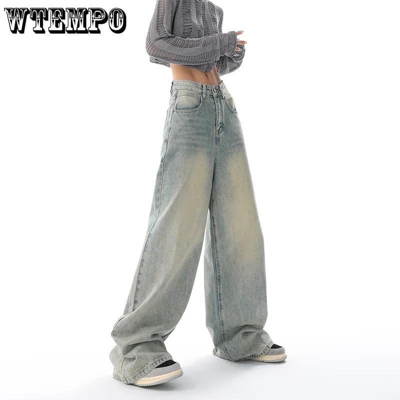 WTEMPO All Season American Retro High Waist Jeans Women Casual Loose Long Wide Leg Denim Pants with Pockets Streetwear